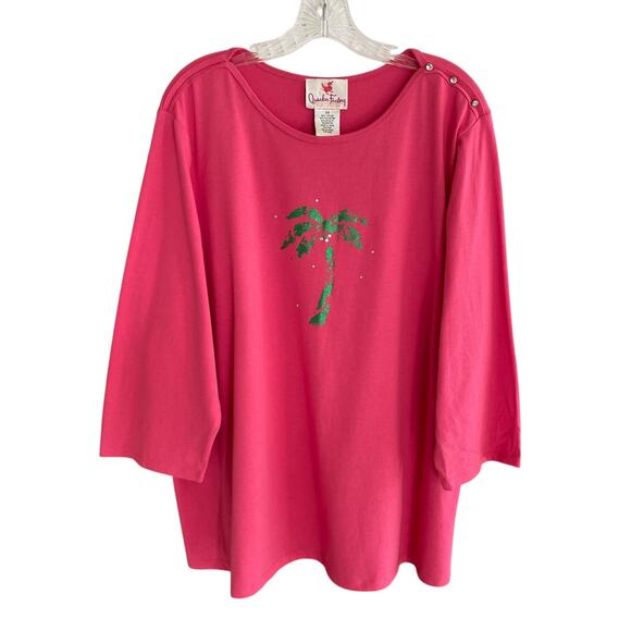Quacker Factory Top 2X Pink Palm Tree Sparkle Rhinestones Tropical Beachy Fun - Picture 1 of 13
